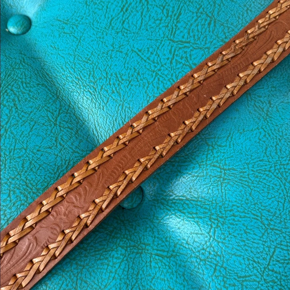 Tan tooled leather belt whipstitching statement embroidered raccoon buckle 34
